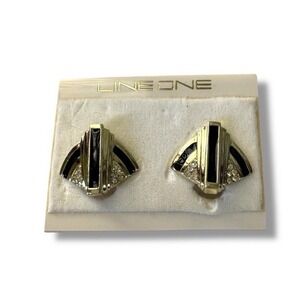 Vintage Line One Art Deco Style Gold Black Enamel Rhinestone Clip On Earrings